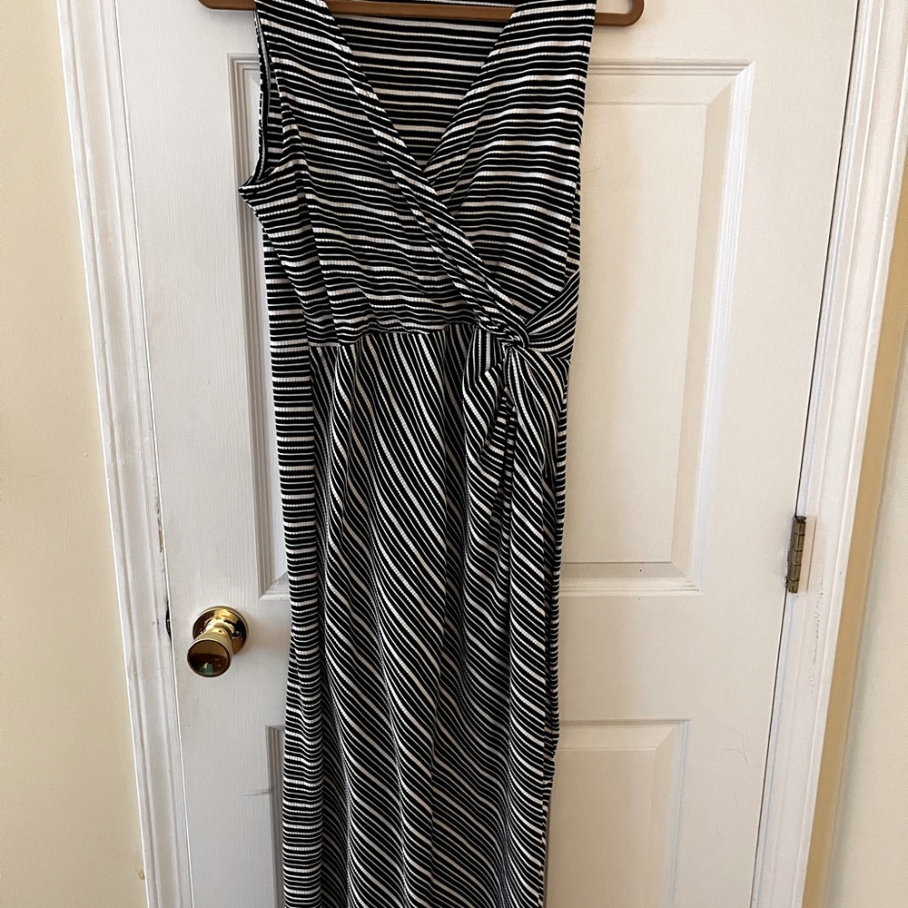 LOFT Black and White Striped Midi Dress, Size M